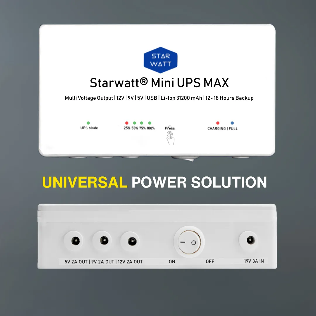 Starwatt Mini UPS Max with 12 Hours to 18 Hours Backup | Three Voltage Output for 12V upto 2A, 9V upto 2A, 5V upto 2A | USB Powered Devices with EV Grade 31200mAh, 140.55Wh Battery | 1 Year Warranty