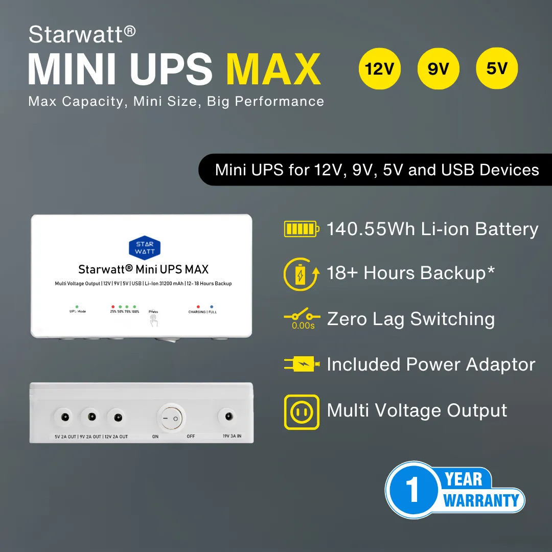 Starwatt Mini UPS Max with 12 Hours to 18 Hours Backup | Three Voltage Output for 12V upto 2A, 9V upto 2A, 5V upto 2A | USB Powered Devices with EV Grade 31200mAh, 140.55Wh Battery | 1 Year Warranty