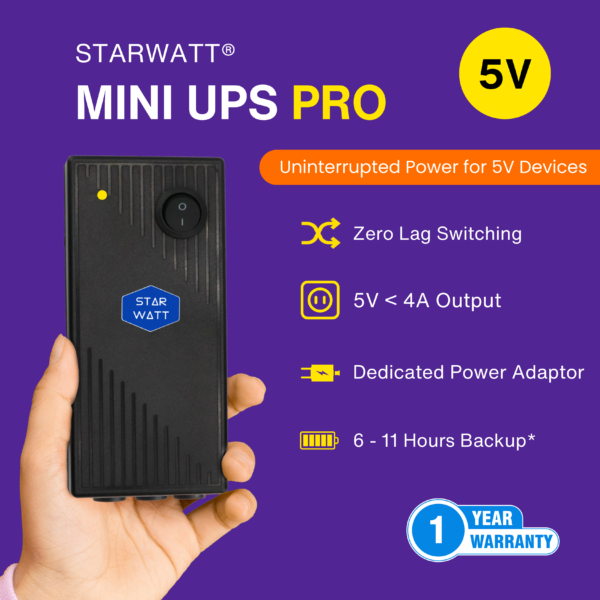 Starwatt 5V 4A Mini UPS with power adapter, designed for uninterrupted power backup for Mi WiFi routers, WiFi cameras, Google Nest WiFi, media converters, biometric devices, Arduino, Raspberry Pi 3 & 4, and other USB-powered devices. Provides 6-8 hours of backup with a replaceable battery.