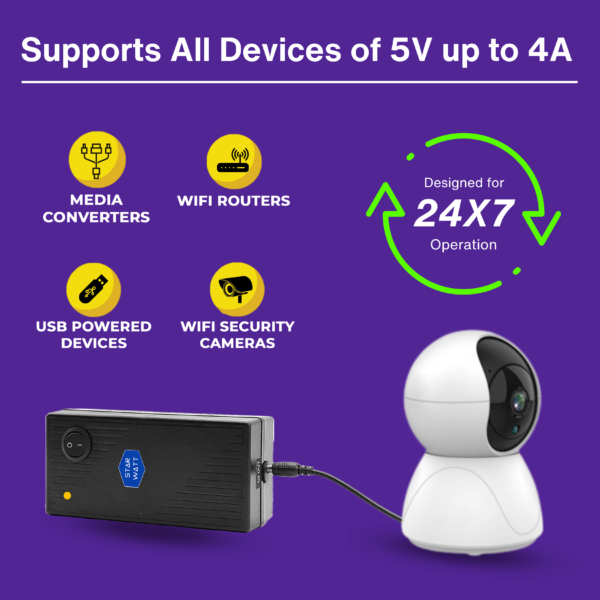 Starwatt 5V 4A Mini UPS with power adapter, designed for uninterrupted power backup for Mi WiFi routers, WiFi cameras, Google Nest WiFi, media converters, biometric devices, Arduino, Raspberry Pi 3 & 4, and other USB-powered devices. Provides 6-8 hours of backup with a replaceable battery.