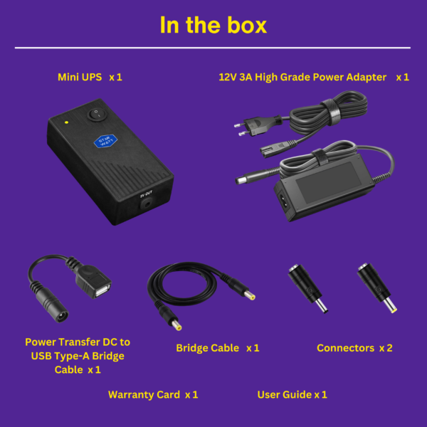 Starwatt 5V 4A Mini UPS with power adapter, designed for uninterrupted power backup for Mi WiFi routers, WiFi cameras, Google Nest WiFi, media converters, biometric devices, Arduino, Raspberry Pi 3 & 4, and other USB-powered devices. Provides 6-8 hours of backup with a replaceable battery.