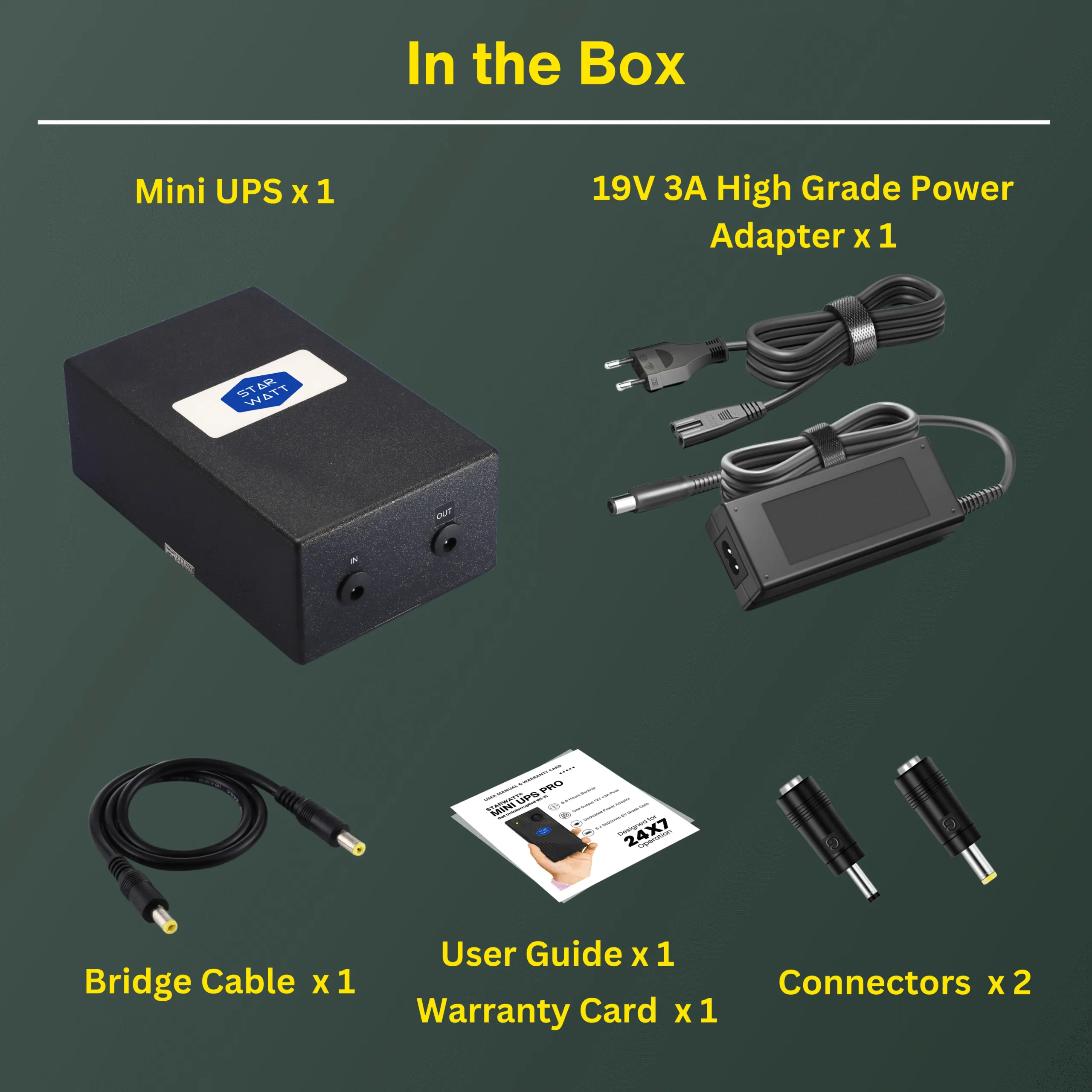 Starwatt™ 19V Mini UPS packaging, featuring product details, 1-year warranty, and compatibility with ASUS routers and 19V devices.