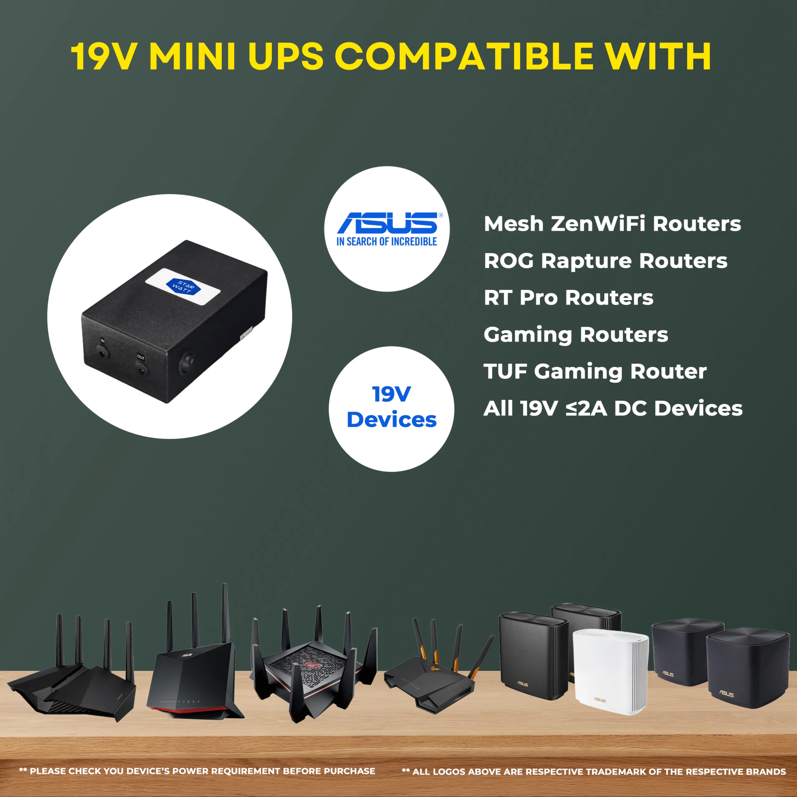 Starwatt™ 19V Mini UPS connected to an ASUS router, demonstrating easy plug-and-play installation for uninterrupted power backup.