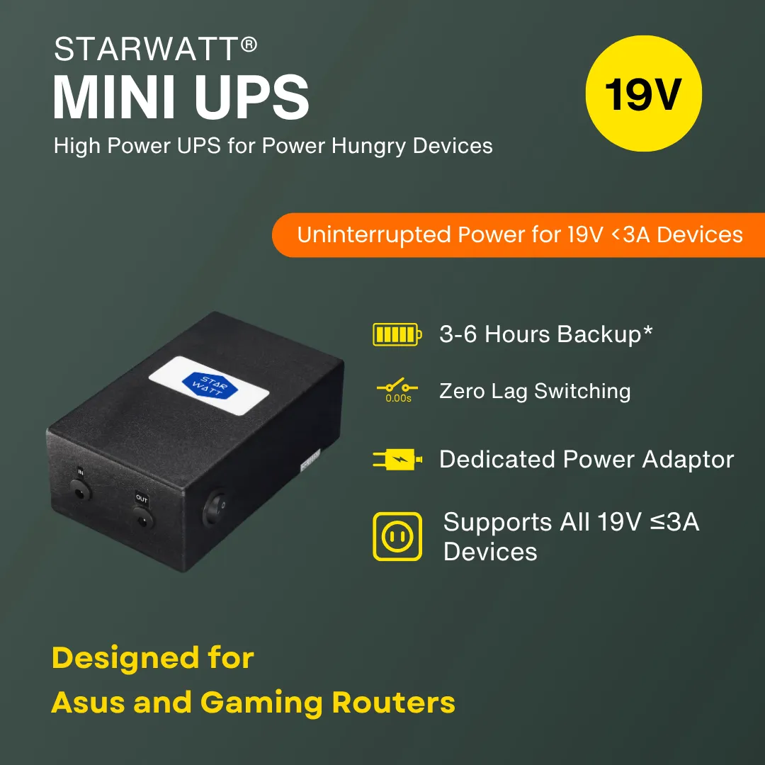 Starwatt™ 19V Mini UPS for ASUS routers, compact design with LED indicators, providing 3-6 hours of uninterrupted power backup.