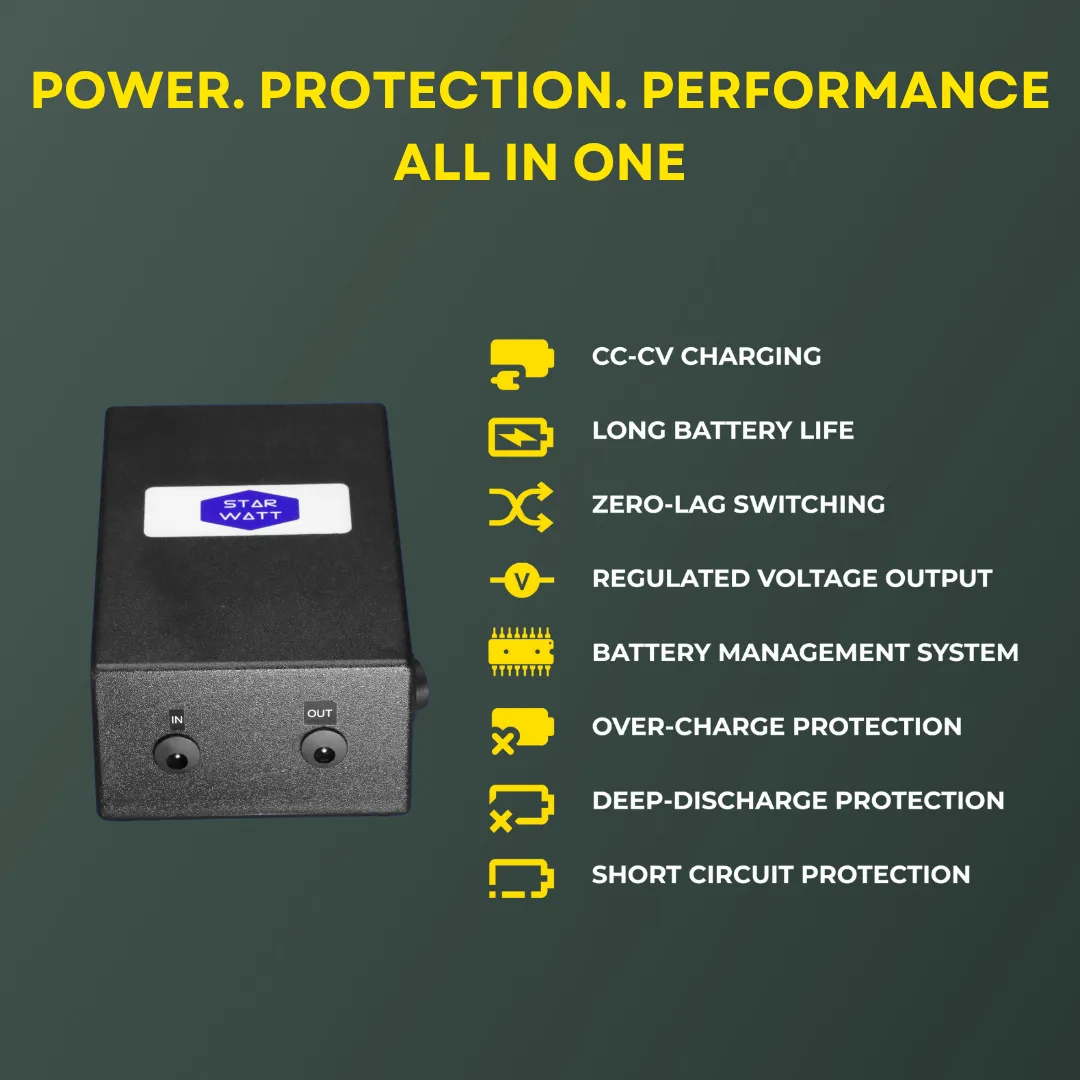 Starwatt™ 19V Mini UPS for ASUS routers, compact design with LED indicators, providing 3-6 hours of uninterrupted power backup.