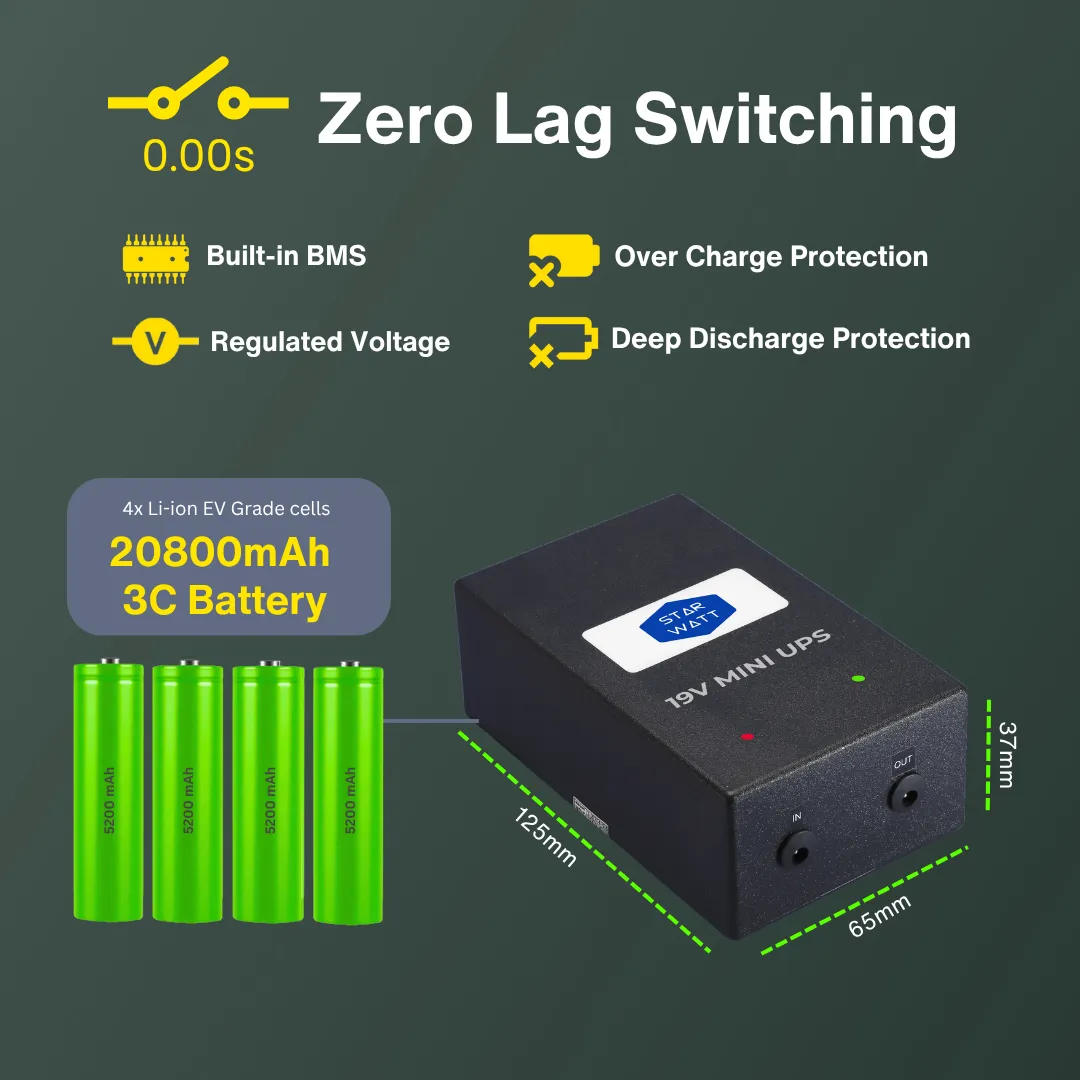 Starwatt™ 19V Mini UPS for ASUS routers, compact design with LED indicators, providing 3-6 hours of uninterrupted power backup.
