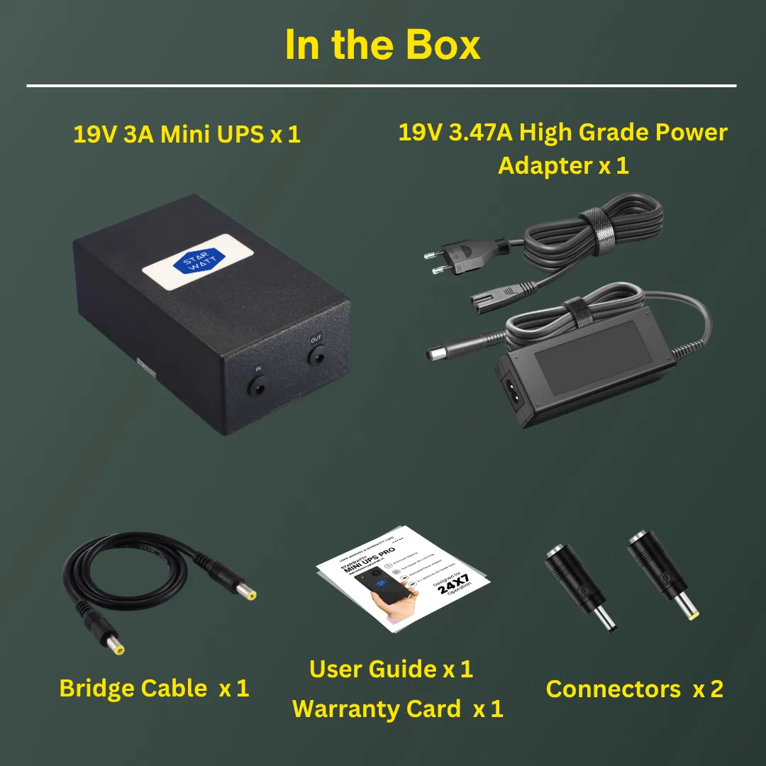 Starwatt™ 19V Mini UPS for ASUS routers, compact design with LED indicators, providing 3-6 hours of uninterrupted power backup.
