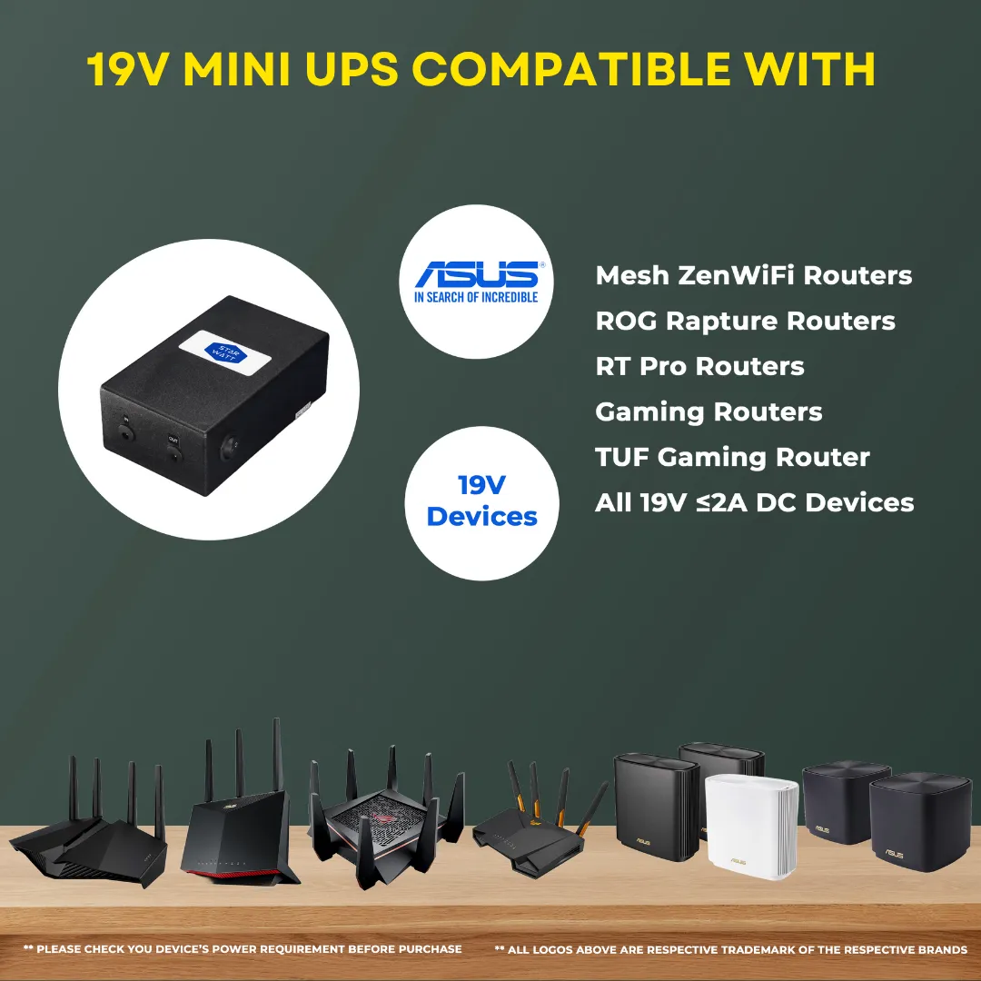 Starwatt™ 19V Mini UPS for ASUS routers, compact design with LED indicators, providing 3-6 hours of uninterrupted power backup.