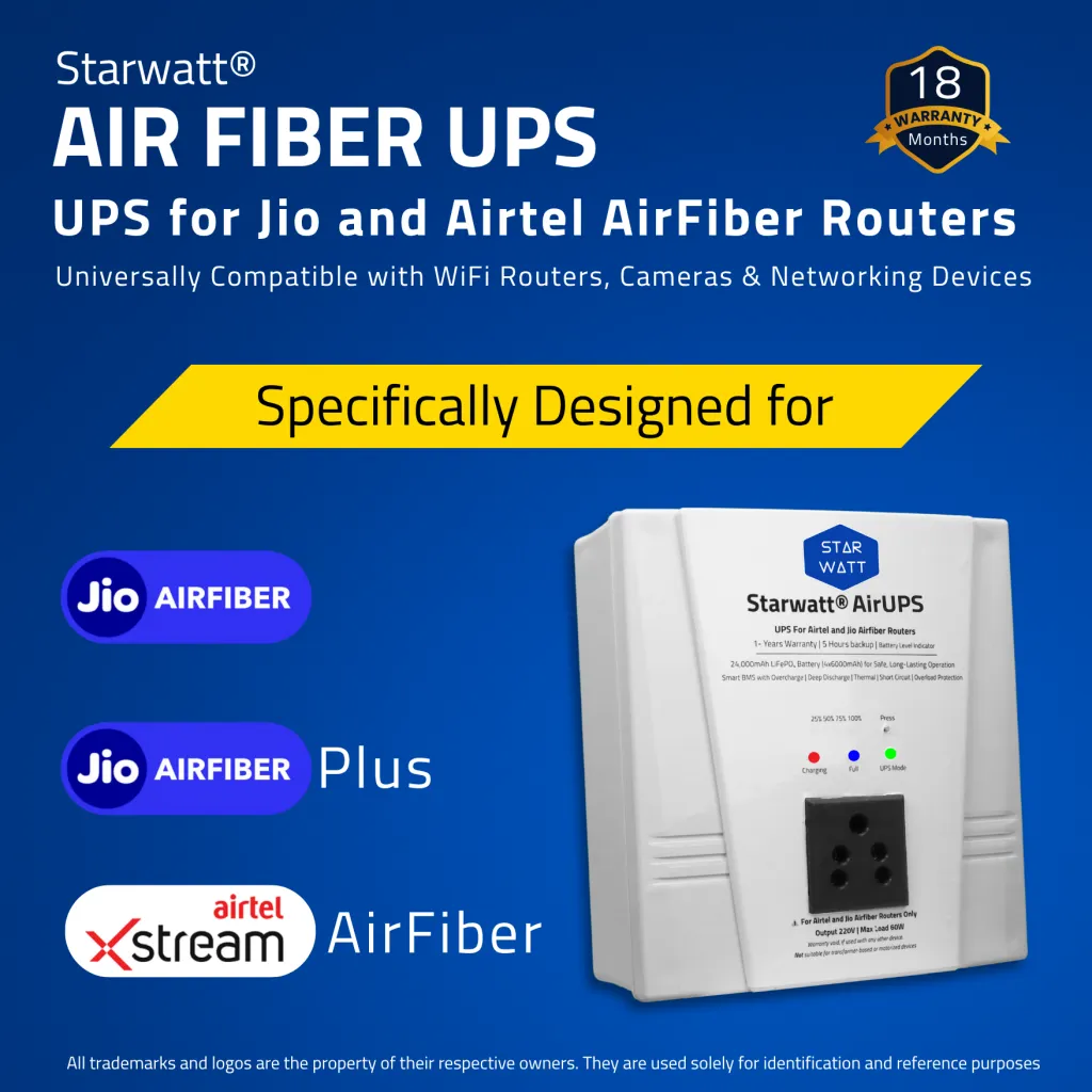 Air Fiber UPS, Jio AirFiber & Airtel Airfiber UPS, Mini UPS for Jio AirFiber and AirFiber Plus WiFi Routers, Starwatt Airfiber UPS, Jio AirFiber UPS, Airtel AirFiber UPS, Starwatt Air Fiber UPS-5H, Mini UPS for Airtel AirFiber, Jio AirFiber Plus UPS, Airtel Xstream AirFiber UPS, Starwatt Jio AirFiber UPS, Starwatt Airtel AirFiber UPS, UPS for Jio AirFiber Routers, UPS for Airtel AirFiber Routers, Air Fiber UPS for WiFi Routers, Starwatt Mini UPS for AirFiber, Jio AirFiber & Airtel AirFiber Power Backup, Mini UPS for Jio AirFiber Plus, Starwatt UPS for AirFiber Routers, Air Fiber UPS with 220V Output, Jio AirFiber Mini UPS, Airtel AirFiber Mini UPS, Starwatt Air Fiber UPS for Routers, UPS for Jio AirFiber and Airtel AirFiber, Mini UPS for WiFi Routers, Starwatt Jio AirFiber Power Backup, Starwatt Airtel AirFiber Power Backup, Air Fiber UPS for CCTV Cameras, Jio AirFiber & Airtel AirFiber Mini UPS, Starwatt UPS for Jio AirFiber Plus, Mini UPS for AirFiber and Smart Devices, Air Fiber UPS for Smart Home, Jio AirFiber UPS with 220V Output, Airtel AirFiber UPS with 220V Output, Starwatt Mini UPS for Routers, UPS for Jio AirFiber & Smart Speakers, Air Fiber UPS for TP-Link Routers, Air Fiber UPS for D-Link Routers, Air Fiber UPS for Netgear Routers, Starwatt Air Fiber UPS for CCTV, Jio AirFiber Mini UPS for Cameras, Airtel AirFiber Mini UPS for Cameras, Starwatt UPS for Hikvision Cameras, Starwatt UPS for CP Plus Cameras, Starwatt UPS for Dahua Cameras, Mini UPS for Jio AirFiber and Cameras, Air Fiber UPS for Set-Top Boxes, Jio AirFiber & Airtel AirFiber UPS-5H, Starwatt Air Fiber UPS for Smart Speakers, Mini UPS for Amazon Echo, Mini UPS for Google Nest Mini, Air Fiber UPS for Raspberry Pi, Starwatt UPS for IoT Devices, Jio AirFiber UPS for WiFi Cameras, Airtel AirFiber UPS for WiFi Cameras, Starwatt Air Fiber UPS for 4G Cameras, Mini UPS for Jio AirFiber and IoT, Air Fiber UPS for ONUs, Air Fiber UPS for ONTs, Starwatt Jio AirFiber & Airtel AirFiber UPS, Mini UPS for AirFiber and Set-Top Boxes, Jio AirFiber Power Backup UPS, Airtel AirFiber Power Backup UPS, Starwatt Mini UPS for Smart Home, Air Fiber UPS for 5G Routers, Jio AirFiber & Airtel AirFiber Router UPS, Starwatt Air Fiber UPS with ABS Enclosure, Mini UPS for Jio AirFiber and Smart Home, Air Fiber UPS for Indian Routers, Starwatt UPS for AirFiber and Cameras, Jio AirFiber Mini UPS with 220V Output, Airtel AirFiber Mini UPS with 220V Output, Starwatt Air Fiber UPS for 5G Routers, Mini UPS for AirFiber and WiFi Cameras, Jio AirFiber & Airtel AirFiber Backup UPS, Starwatt UPS for AirFiber and IoT Devices, Air Fiber UPS for Home Routers, Mini UPS for Jio AirFiber and ONUs, Mini UPS for Airtel AirFiber and ONTs, Starwatt Air Fiber UPS for WiFi Routers, Jio AirFiber UPS for Smart Devices, Airtel AirFiber UPS for Smart Devices, Starwatt Mini UPS for CCTV Cameras, Air Fiber UPS for Jio AirFiber Plus, Starwatt UPS for AirFiber and Smart Speakers, Mini UPS for Jio AirFiber and Raspberry Pi, Air Fiber UPS for Indian Homes, Jio AirFiber & Airtel AirFiber Power Solution, Starwatt Air Fiber UPS for 24/7 Operation, Mini UPS for AirFiber and 5G Routers, Jio AirFiber UPS with LiFePO4 Battery, Airtel AirFiber UPS with LiFePO4 Battery, Starwatt Air Fiber UPS for Home Security, Mini UPS for Jio AirFiber and Netgear Routers, Mini UPS for Airtel AirFiber and TP-Link Routers, Starwatt UPS for AirFiber and D-Link Routers, Air Fiber UPS for Made in India, Starwatt Air Fiber UPS for Atmanirbhar Bharat, Jio AirFiber & Airtel AirFiber Mini Power Backup
